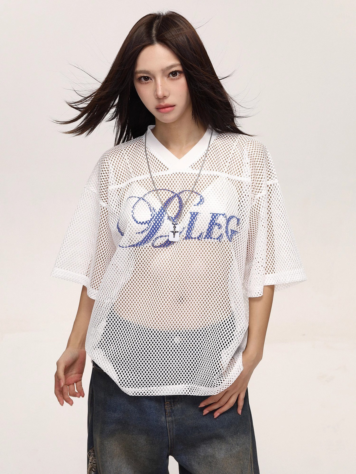 Mesh T-shirt Mit V-ausschnitt Und Buchstabenprint Unisex Sommer_voghion.com