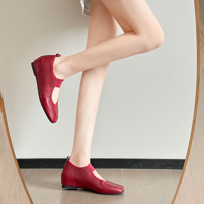 Ballet Soft Simple Flat 2025 Summer New Shallow Round Toe Elastic Genuine Leather Mary Jane Shoes For Women_vogvips.com