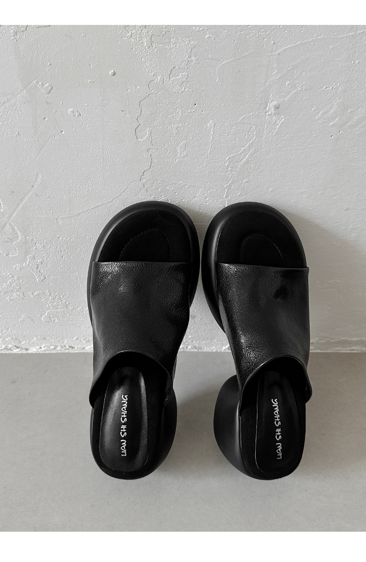Dép lê nữ da cừu đế dày 7 cm, sandal hở mũi tăng chiều cao — đen chi tiết 22