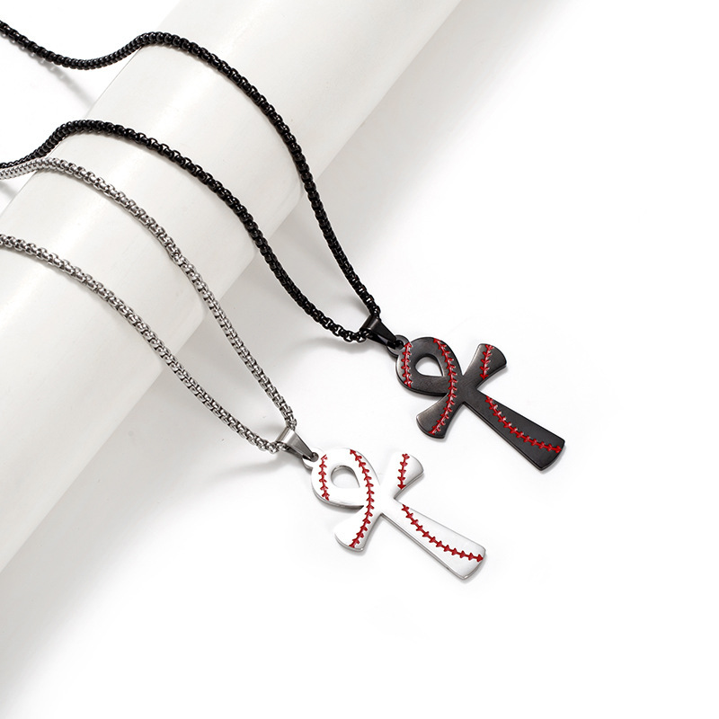 Nuovi accessori in metallo alla moda maschile con motivo baseball Anka Cross Pendant Collana nera_voghion.com