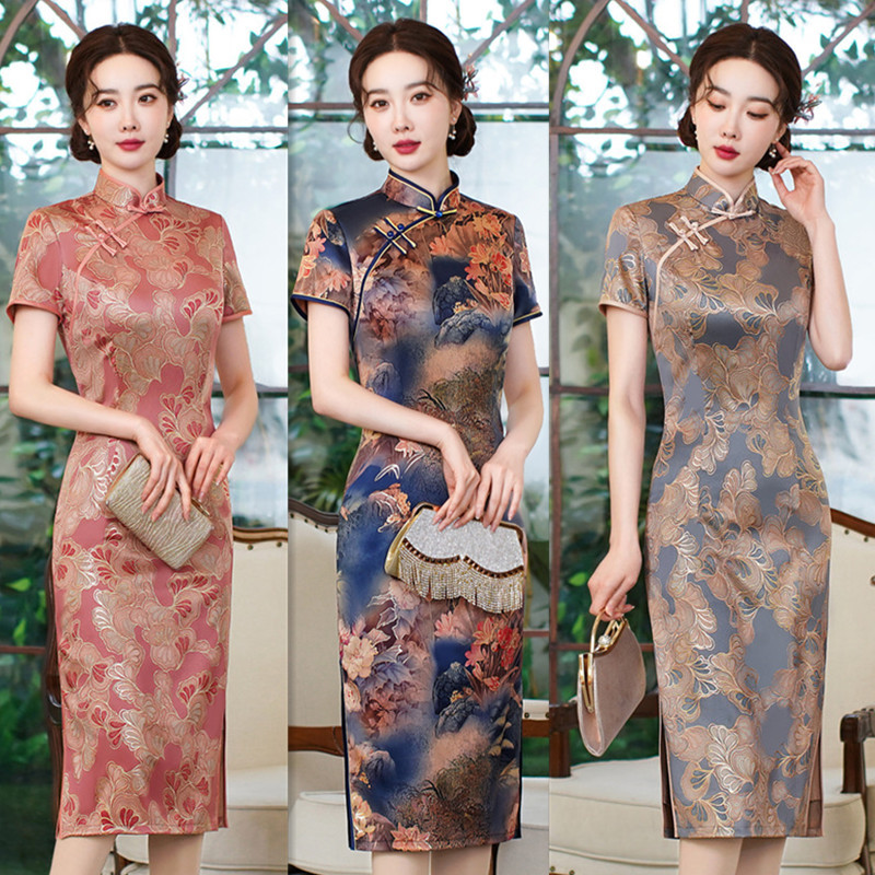 Linen-look Cloud Silk Long-Length Plus-Size Gold-embroidered Mother's Cheongsam 2023 Summer Vintage Improved Chinese Style Cheongsam for Middle-aged and Elderly Women