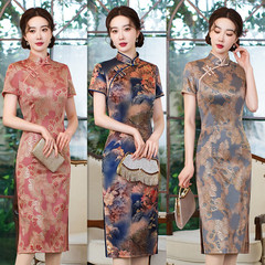 Linen-look Cloud Silk Long-Length Plus-Size Gold-embroidered Mother's Cheongsam 2023 Summer Vintage Improved Chinese Style Cheongsam for Middle-aged and Elderly Women