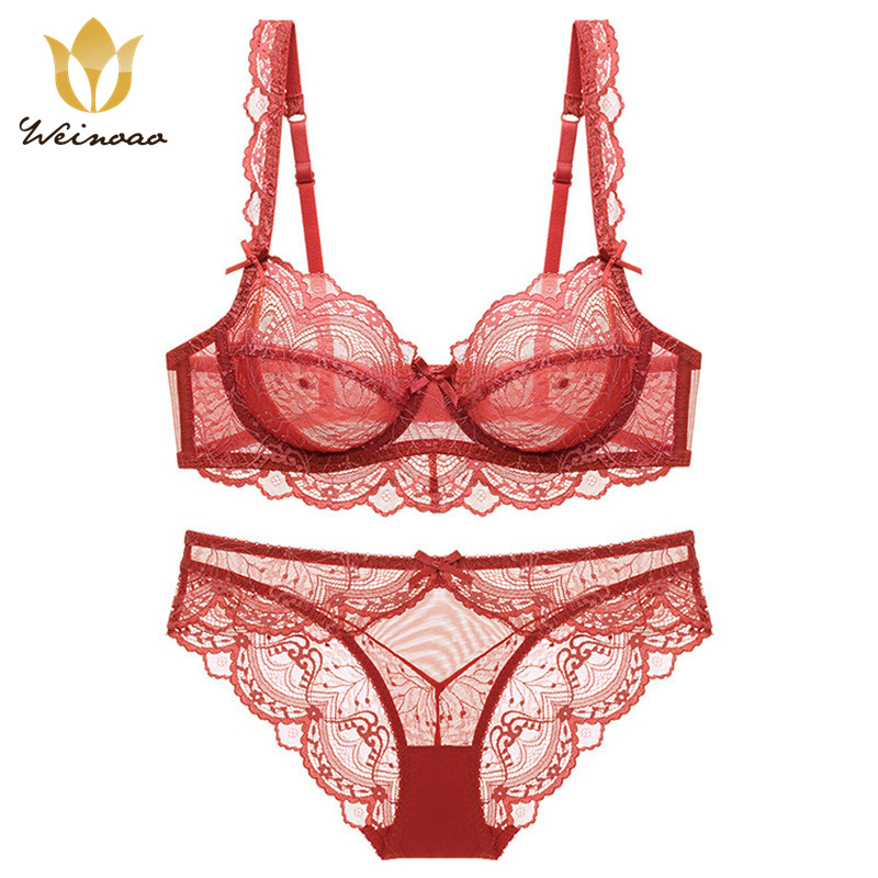 Large size set, women's sexy lace lingerie underwear, gathered adjustable bra_voghion.com