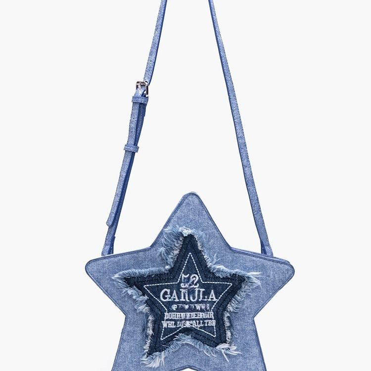 オリジナルデザインデニムブルー五芒星バックパック刺繍文字タッセルY2Kクロスボディバッグ|undefined