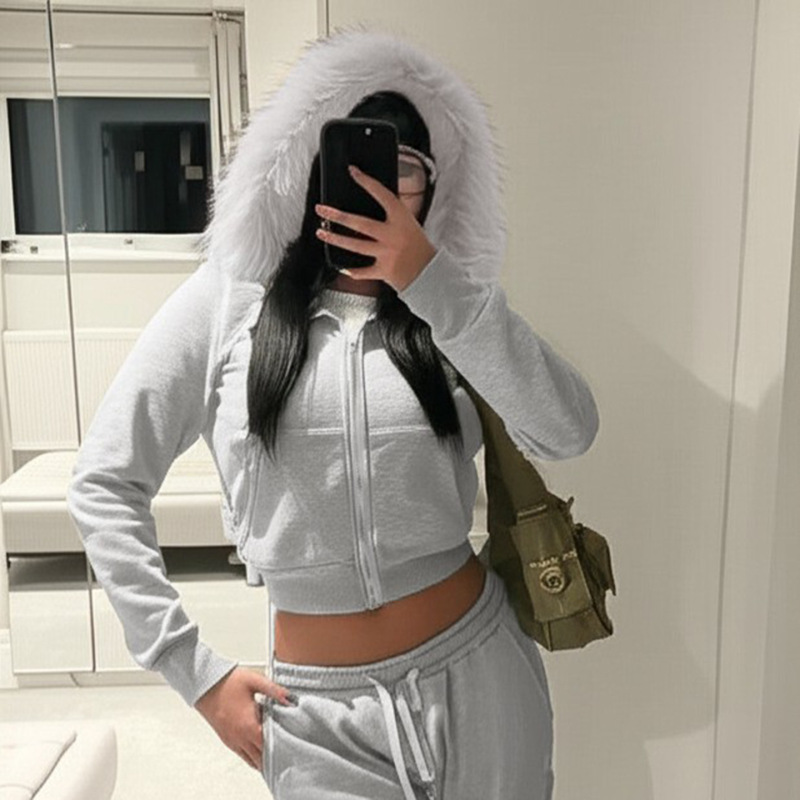 秋冬新款美式辣妹风毛毛领连帽卫衣拉链口袋拼接外穿休闲灰色外套|undefined