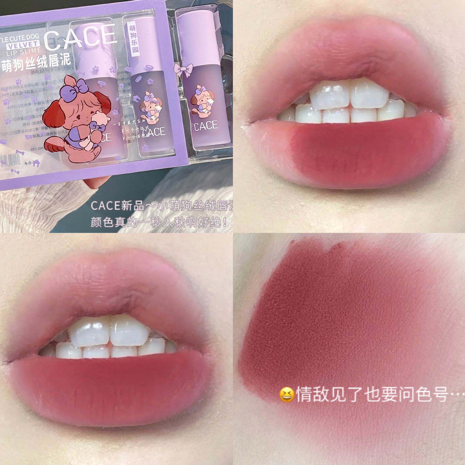 CACE Little Cute Dog Velvet Lip Gloss is available in six colors for long-lasting makeup. It is a versatile new product with a matte lip gloss that can be used for color and whitening. Wholesale undefined