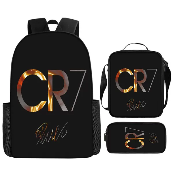 Cristiano Ronaldo Cartoon Children's School Bag Three-Piece Set Primary School Bag Water-Repellent Polyester Messenger Bag Pen Bag Ready for Delivery