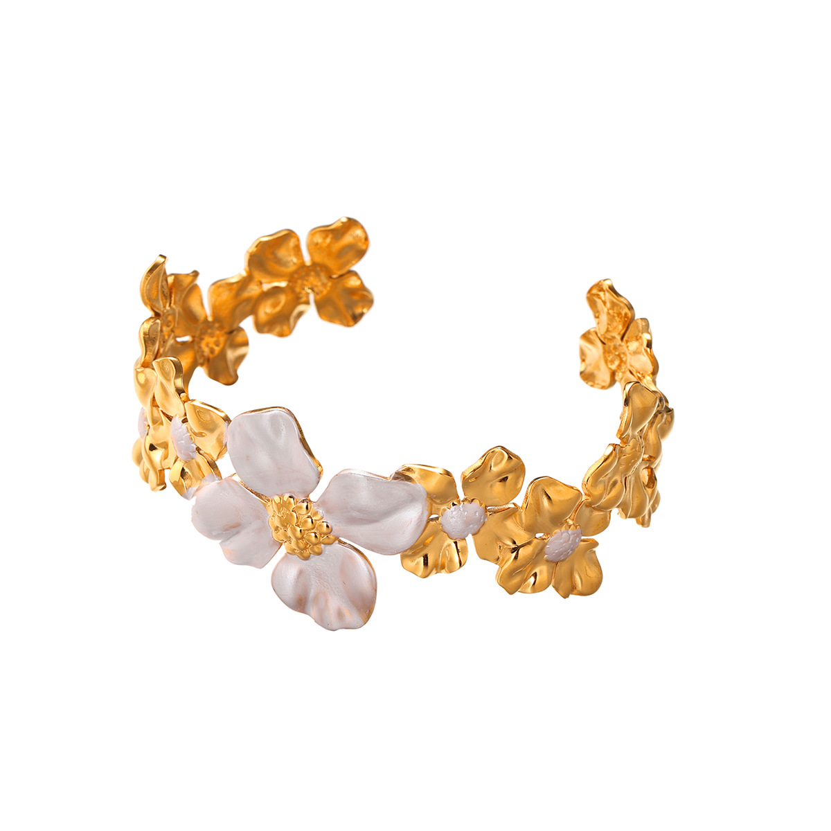 Tena brazalete de acero inoxidable europeo y americano para mujer, placa de alta gama, placa de flor de oro de 18k, joyería de mano explosiva al por mayor image 6