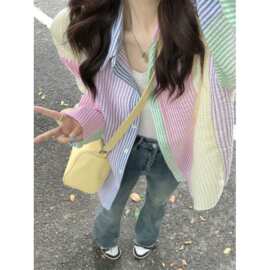 马卡龙拼色格子衬衫女夏新款设计感小众宽松休闲减龄百搭防晒衬衣