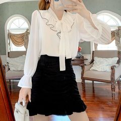 現物 ~ 2025韓国版女装春夏シーズンモデル新型vネック長袖純色シフォン帯シフォンシャツファッション百
