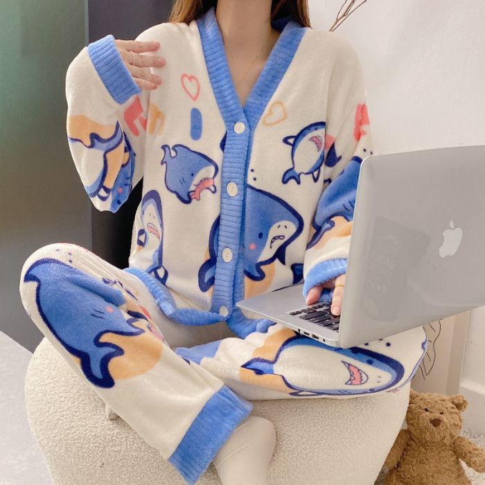 220 jin transfronterizos al por mayor tamaño M - 6XL pijamas de franela de invierno Cardigan con camisa de lana gruesa set de ropa para el hogar