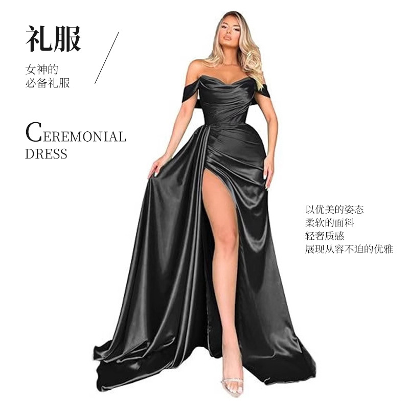 Foreign Trade Evening Dress 2025 New Style Slit One-Shoulder Prom Long Dress Satin Bridesmaid Dress Party Evening Dress