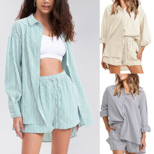 美国站欧美亚马逊2024新款夏秋季两件套长袖纽扣衬衫短裤套装女