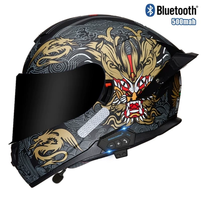 Motosiklet kaskı (dəbilqə) — motorcycle helmet double lens - chinese-dragon-tea-mirrorbluetooth-m