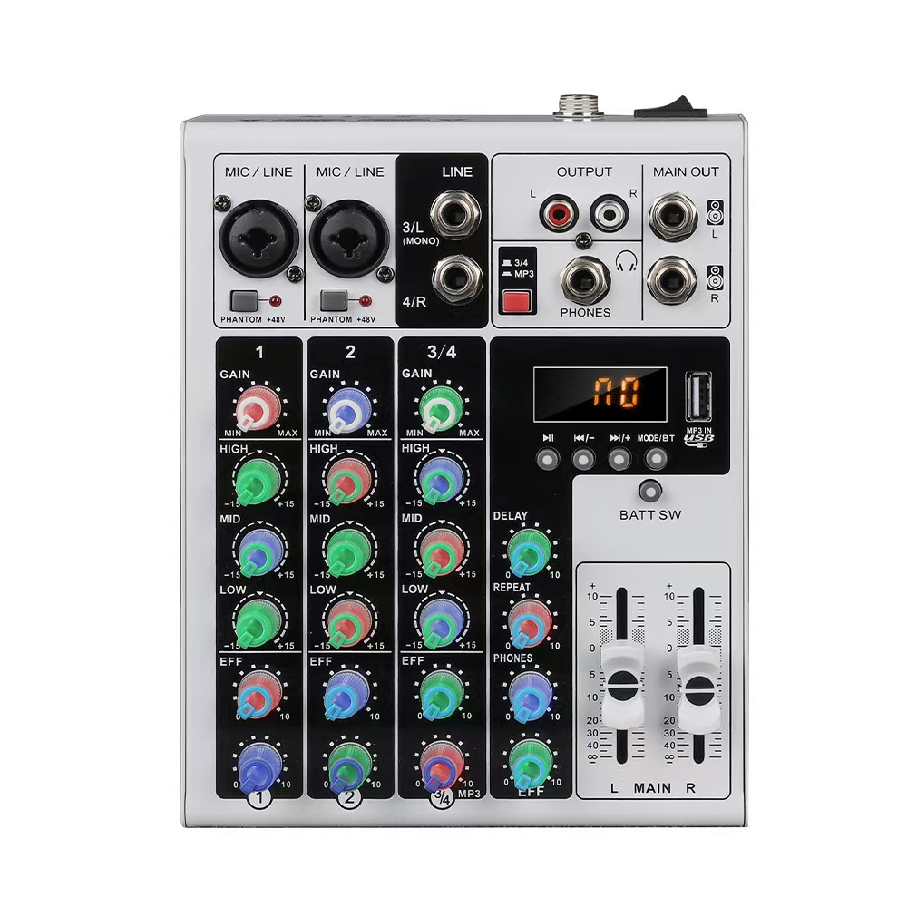 Transfronterizo cuatro perilla RGB pequeña mezcladora Bluetooth con efecto de reverberación micrófono K canción conferencia de rendimiento de escenario