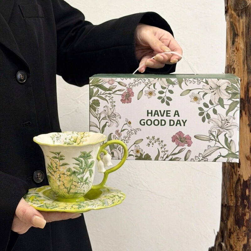 Oil Painting-Like Lily of the Valley Coffee Cup and Saucer Set, High-End Exquisite Ceramic Mug, Afternoon Tea Cup, Souvenir Gift