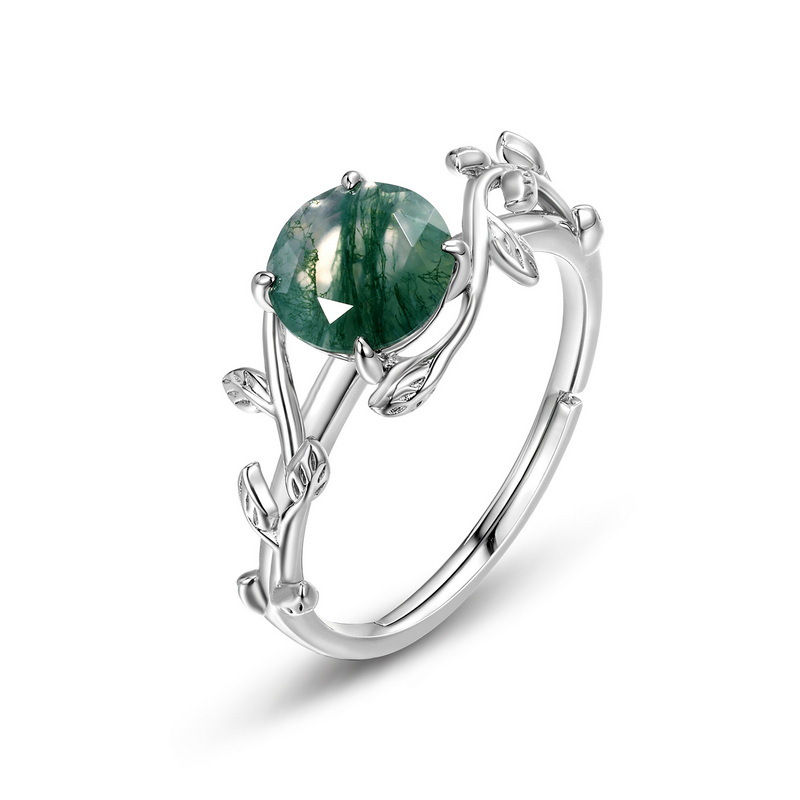 Transfronterizo exclusivo S925 plata verde musgo anillo boca abierta agua hierba ágata dedo anillo moda Luz de lujo estilo europeo y americano Venta caliente