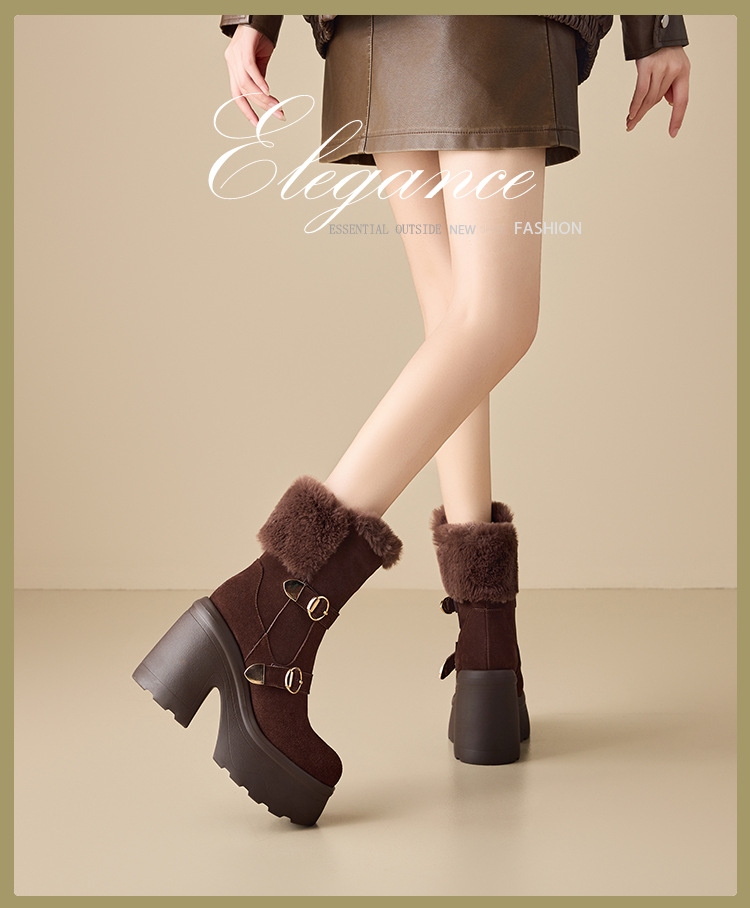 Boot nữ cổ cao ôm bắp chân đế dày 12 cm mũi tròn khóa thắt lưng — nhung nâu chi tiết 1