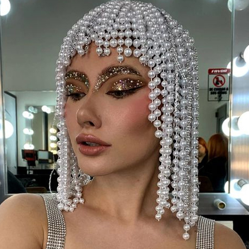 Moda europea y americana borla cadena del pelo de alto grado exagerada perla tocado accesorios para el cabello mascarada accesorios headwear