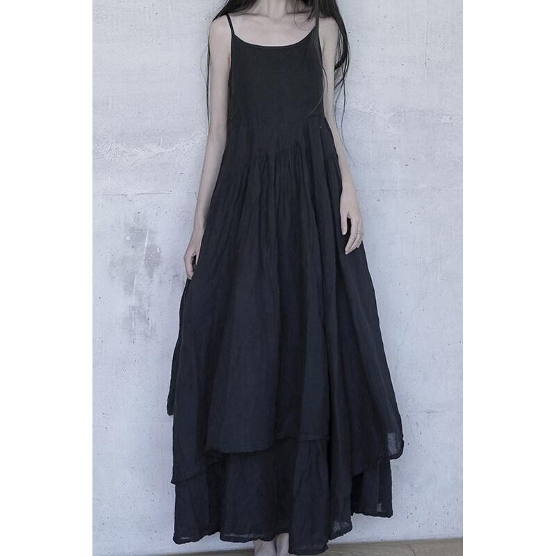 Vintage Artistic Cotton and Linen Spaghetti Strap Dress, Summer Ultra-Long Beach Dress, Elegant Spaghetti Strap Long Dress, Loose Mori Girl Style