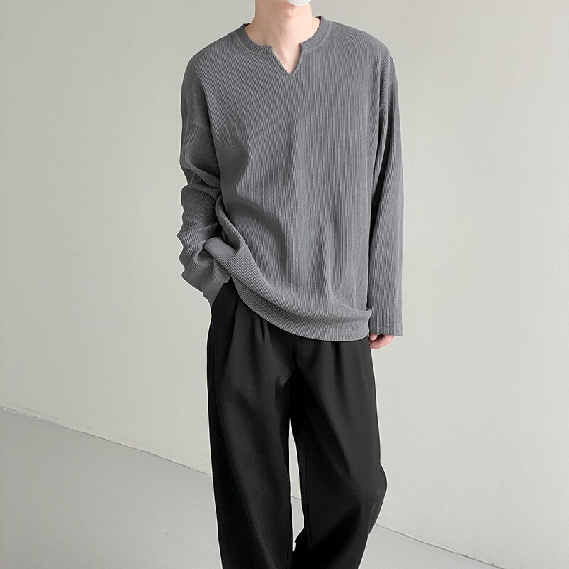 Notched Collar Long-sleeved T-shirt Men's Loose Daily Casual Design Sense Pit Striped Base Shirt Spring and Autumn Top