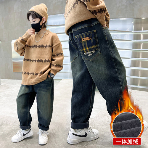 Children's Fleece Lined Pants - One Piece Fleece Denim for Boys - Winter New Arrival Loose Long Pants with Fleece and Thicken - Cool