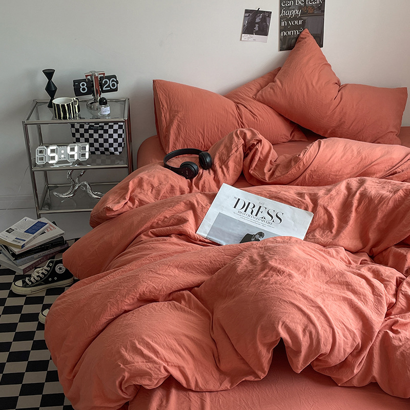 Ins純色A類母子級水洗綿ベッド4点セット裸で寝ることができるシーツ布団カバー学生3点セット