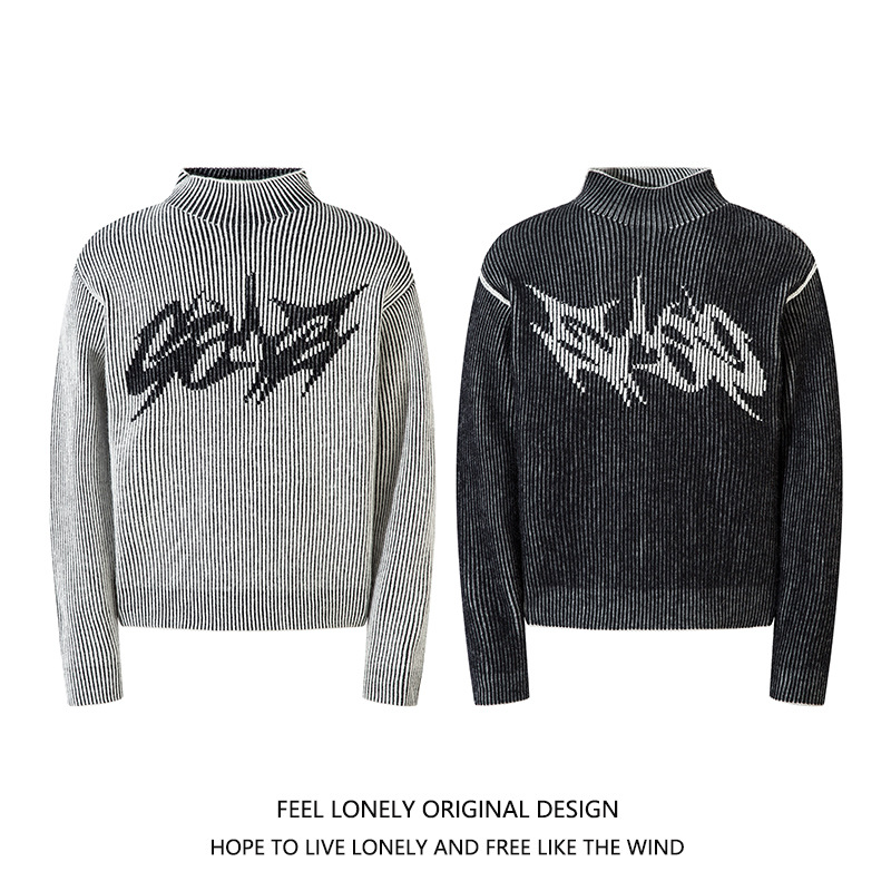 외로운 아메리칸 스트리트 하이 칼라 니치 양면 스웨터 남성 가을과 겨울 커플 디자인 니트웨어 느낌
