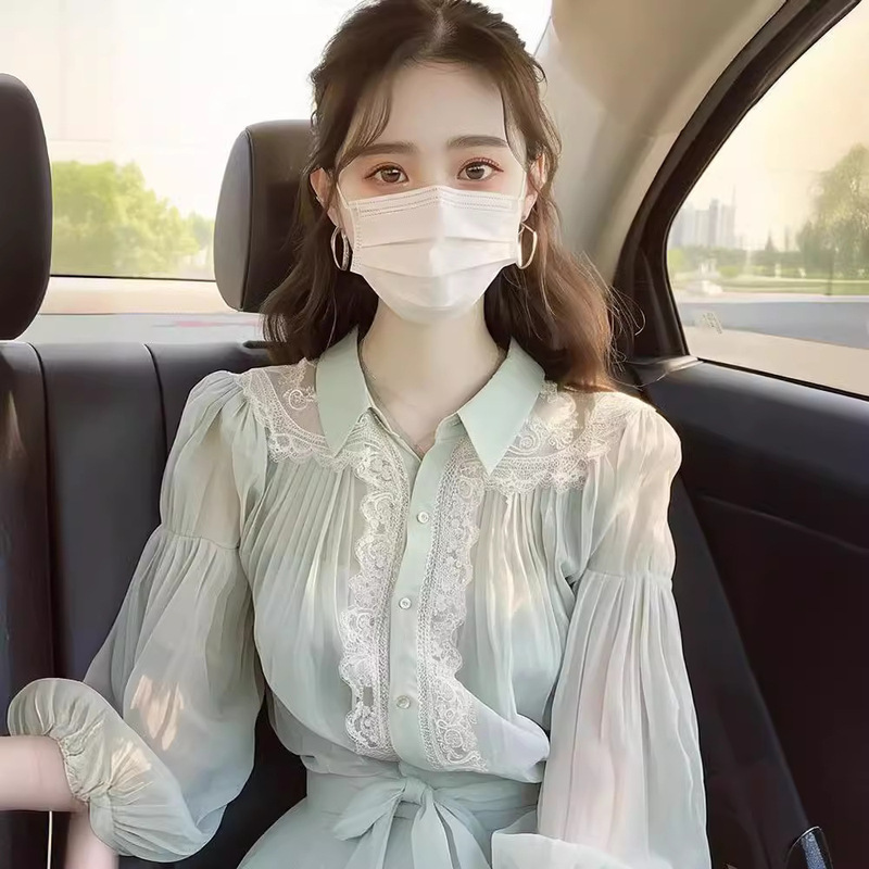 Fl240227 Mint Mambo Style Mint Green Spring Shirt Women's New Hot-Selling French Lace