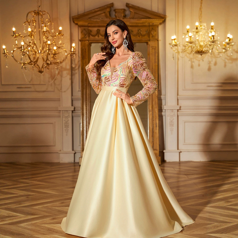 Amazon Cross-Border Princess Sleeve Gradient Sequin Embroidery Patchwork Elegant Large Skirt Evening Party Dress Amazon Cross-Border Princess Sleeve Gradient Sequin Embroidery Patchwork Elegant Large Skirt Evening Party Dress