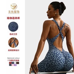 欧美跨境新款豹纹印花交叉纽带无缝连体瑜伽服女健身运动休闲外穿