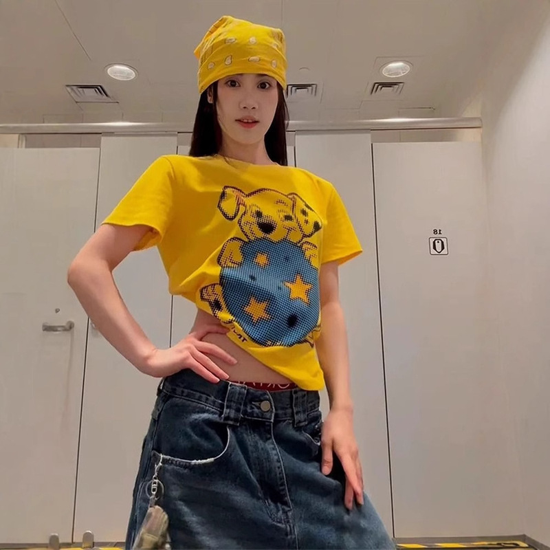 American Hot Girl Yellow Right Shoulder T-Shirt Women's Summer Puppy Print Round Neck Short-Sleeved Slim Slim Short Top Ins American Hot Girl Yellow Right Shoulder T-Shirt Women's Summer Puppy Print Round Neck Short-Sleeved Slim Slim Short Top Ins