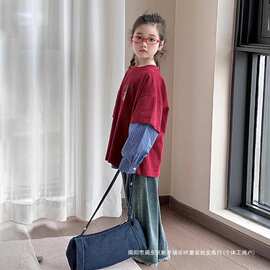 女童卫衣红色假两件儿童上衣春秋装2025新款大童洋气衬衫袖衣服潮