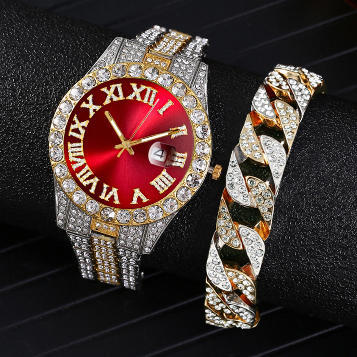 Cross-border hot-selling diamond-embedded luxury steel belt quartz watch hot-selling color face Roman scale European and American men's watch