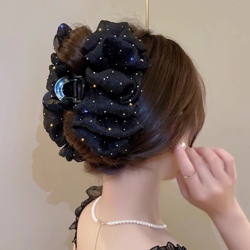 新しい両面大きな弓クリップスパークリングラインストーン女性の赤ちゃんの息メッシュサメクリップ後頭部ヘアクリップ帽子|undefined