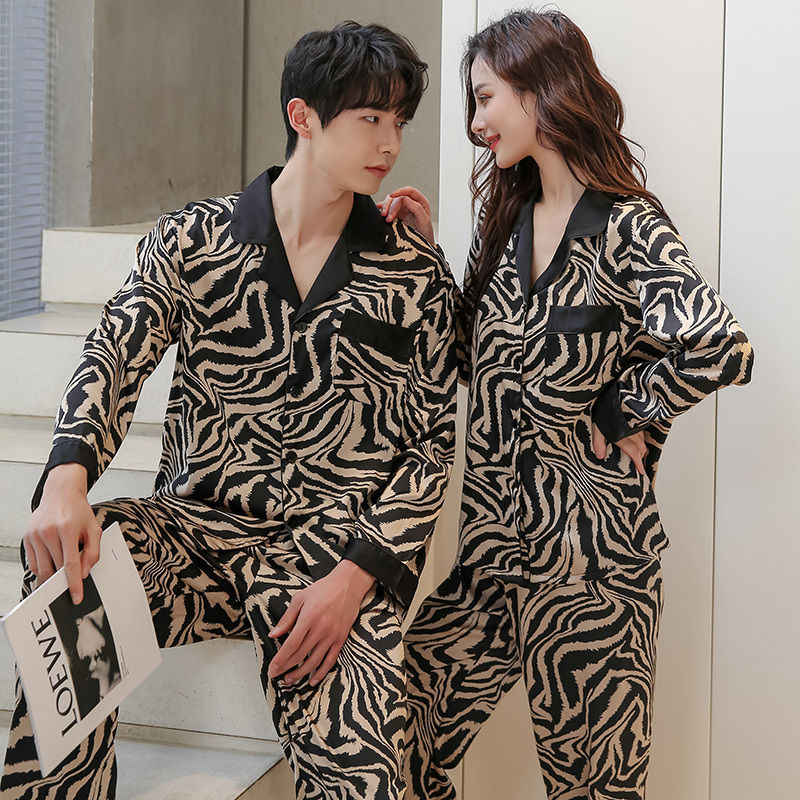 Spring 2022 New Ice Silk Couple Pajamas Women's Fashionable Zebra Pattern ins Internet Popular Style Outwear Home Clothes for Men
