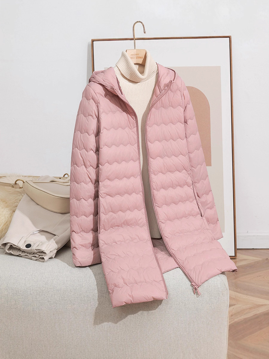 2025 otoño y invierno nueva moda encapuchada onda media y larga chaqueta de pluma ligera y delgada chaqueta con cremallera de mujer caliente marea