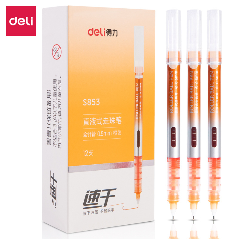 Deli S853 bolígrafo de bolas de ruedas de líquido recto de 0,5mm bolígrafo de góner de tubo de aguja completo de color bolígrafo de práctica de escritura de firma de oficina de estudiante