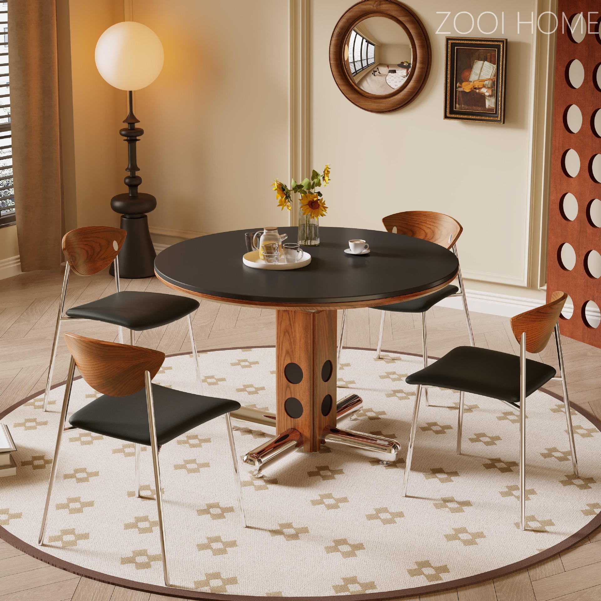 Bauhaus mesas redondas medievales, sala de estar doméstica pequeña, acero inoxidable, madera de cera polca, mesa de comedor redonda de tablero de roca