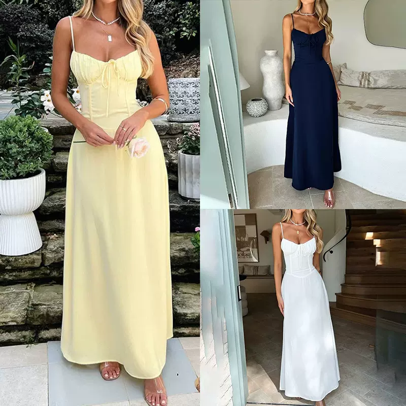 2026跨境欧美外贸女装独立站新款气质优雅系带A字纯色中长连衣裙