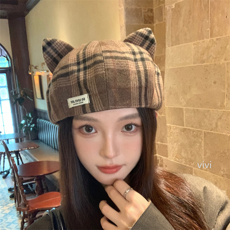 经典格子贝雷帽英伦百搭文艺画家帽韩版秋冬保暖可爱猫耳朵八角帽|undefined