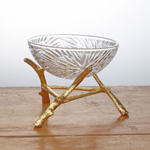 现代简约剑花玻璃糖果盘创意金色脚架装饰托盘欧式裂纹玻璃水果盘