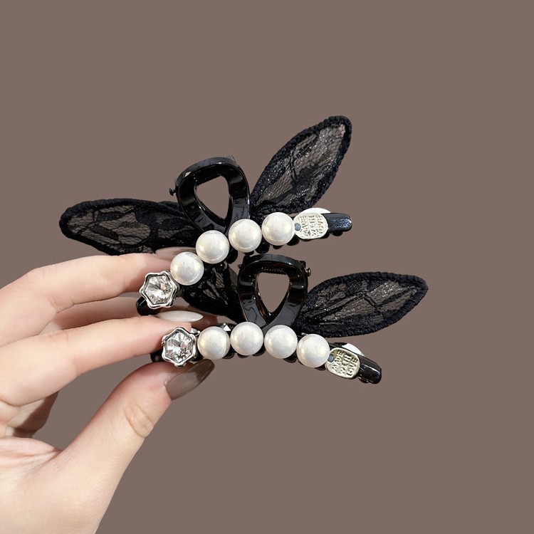 Korean and Japanese Pearl Pendant Sweet Bangs Hair Clip Cute Claw Clip Korean Rabbit Bun Clip Lace Claw Clip New Style