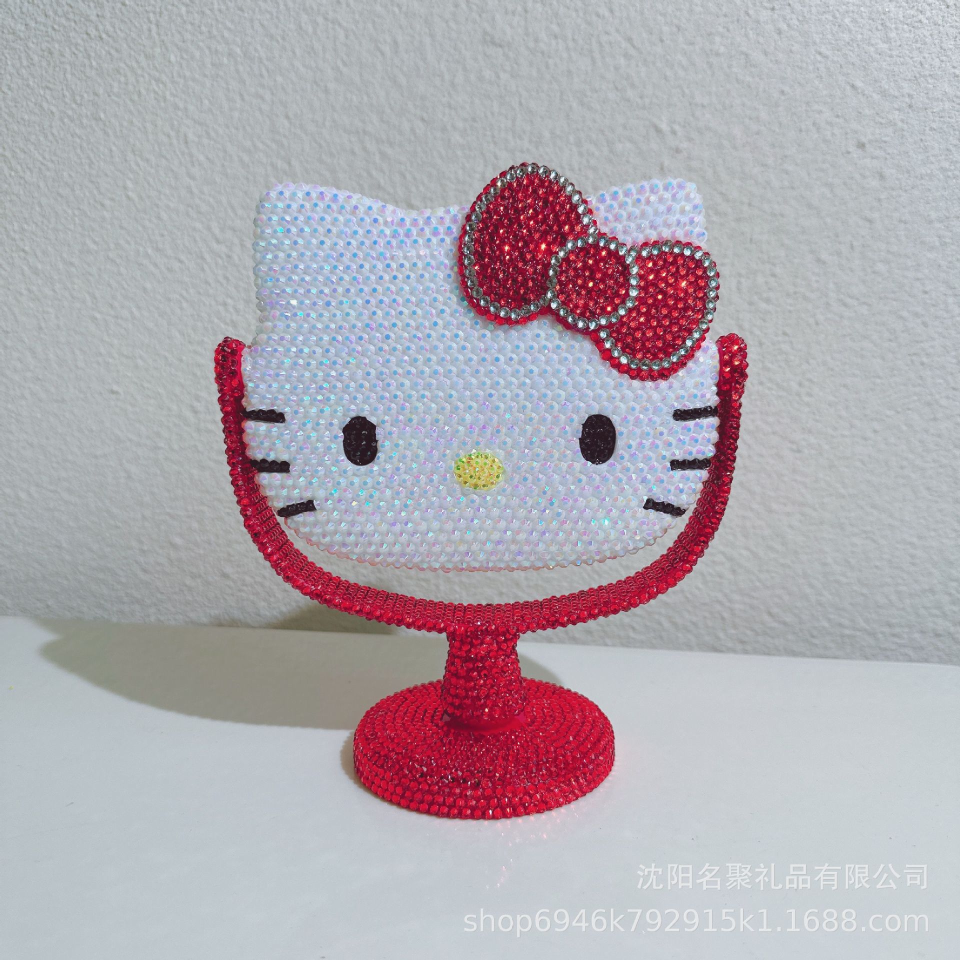 Espejo de maquillaje de diamantes de imitación de gato de plástico, espejo de mesa de corazón de niña rosa de diamante, espejo de tocador, espejo giratorio, espejo de vacaciones en vivo