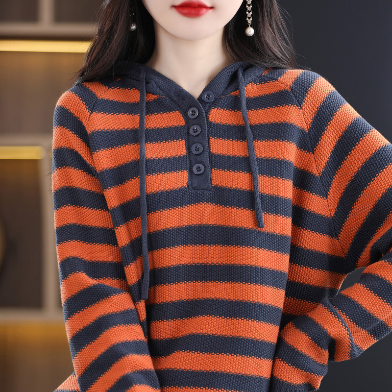 Autumn and Winter New Hooded Striped Cotton Knitted Sweater Women's Korean-style Loose All-match College-style Sweater Coat for Women Autumn and Winter New Hooded Striped Cotton Knitted Sweater Women's Korean-style Loose All-match College-style Sweater Coat for Women