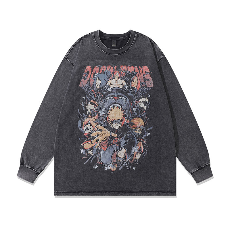 TKPA Japanese retro cartoon printed long sleeve base T-shirt for men and women hip-hop heavy industry washing and antique long tee