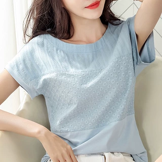 实拍纯棉T恤2026夏季宽松圆领无袖拼接短袖t恤女大码女装