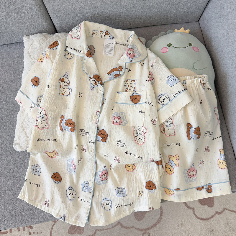 Wholesale Factory Summer Short-Sleeve Cloud Cotton Pajamas for Women, Comfortable Trendy Shorts That Can Be Worn Outside, Home Wear Set