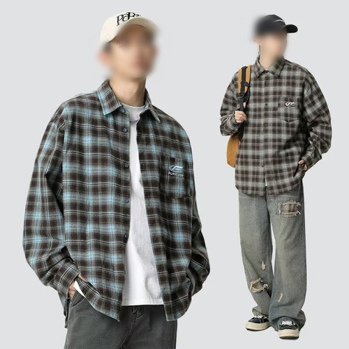 Vintage Checkered Shirt for Men - Spring and Autumn New Style, Collar, Pouch Design, Couple's Loose Long-Sleeve Shirt Jacket