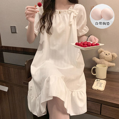 带胸垫睡衣女夏季新款针织棉短袖中长睡裙少女甜美公主风家居服薄